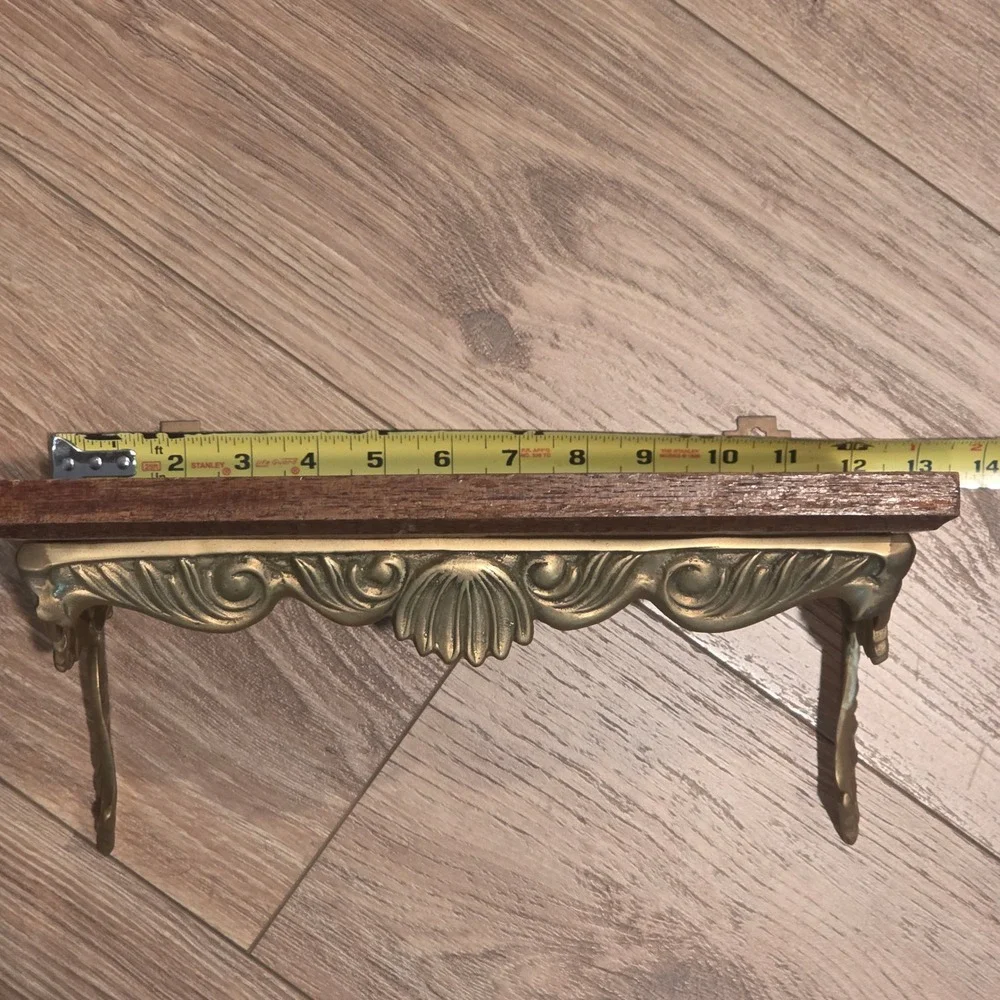 Vintage MCM Brass and Wood Wall Shelf, Ornate Asian Wall Display, Shelving